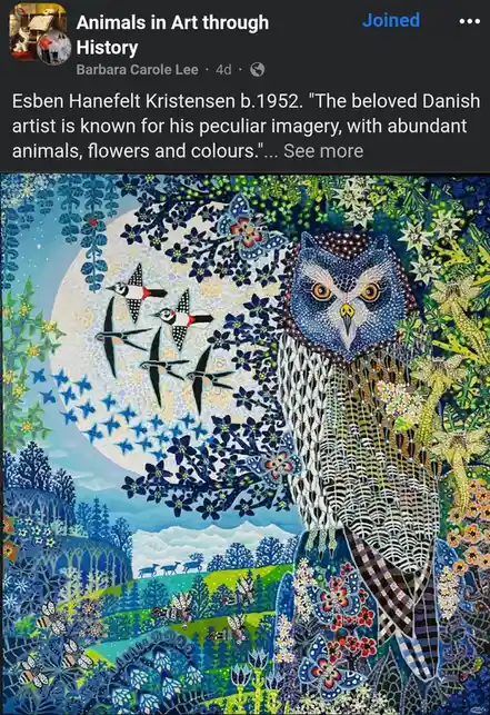 A vibrant, stylized painting by Danish artist Esben Hanefelt Kristensen features a large, detailed blue owl as the central…