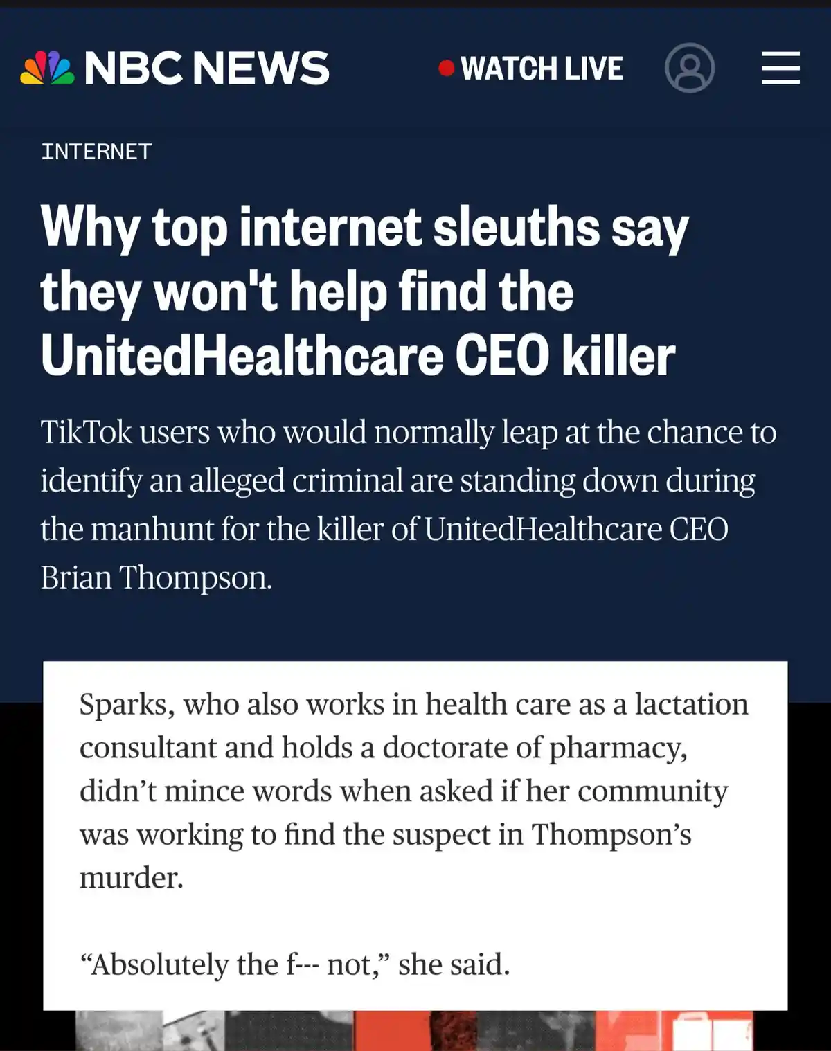 An NBC News article screenshot about internet sleuths refusing to help find the UnitedHealthcare CEO killer, featuring a…