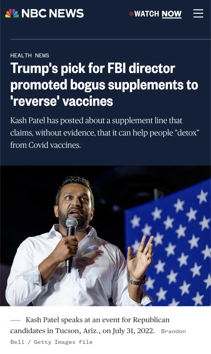 A screenshot of an NBC News article shows a photo of Kash Patel speaking at a rally with an American flag in the background…