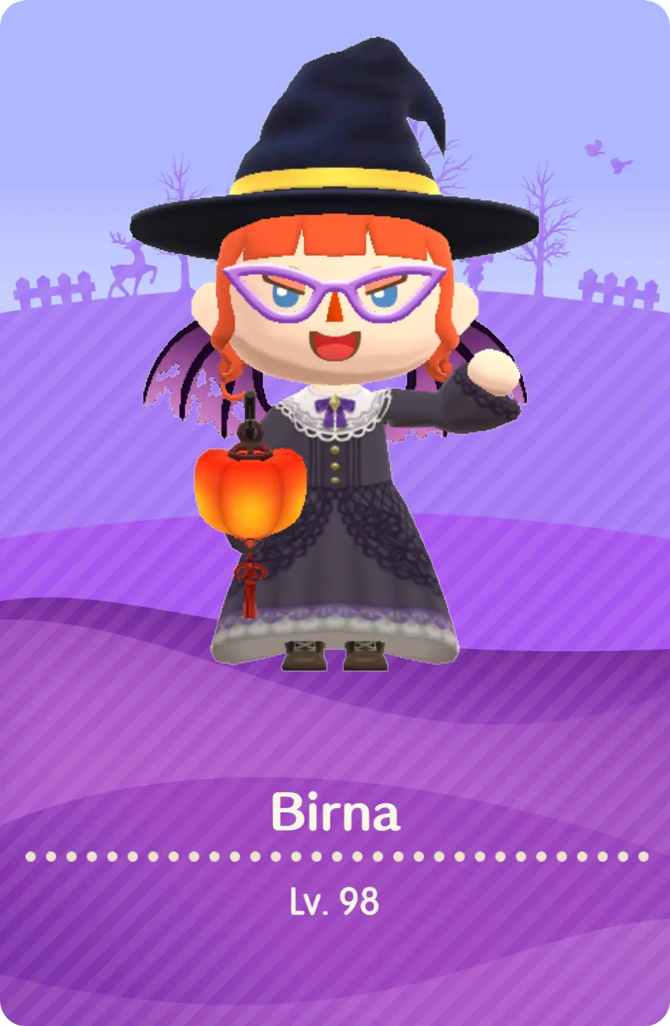 A character card from Animal Crossing shows a female character named Birna dressed as a witch with orange hair, purple…