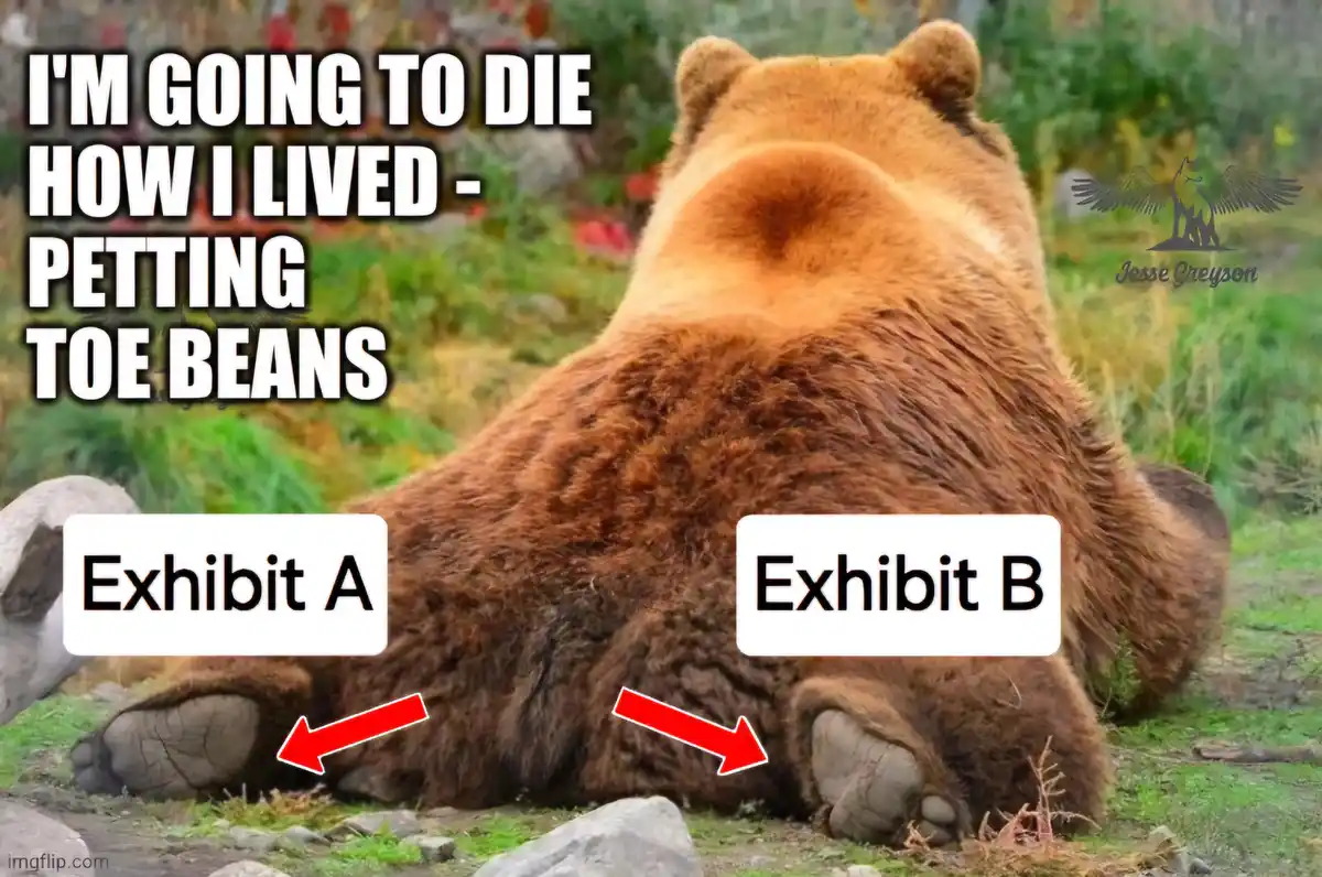 A large brown bear is sitting with its back to the camera, showing its two large paws. Red arrows point to each paw, labeled…