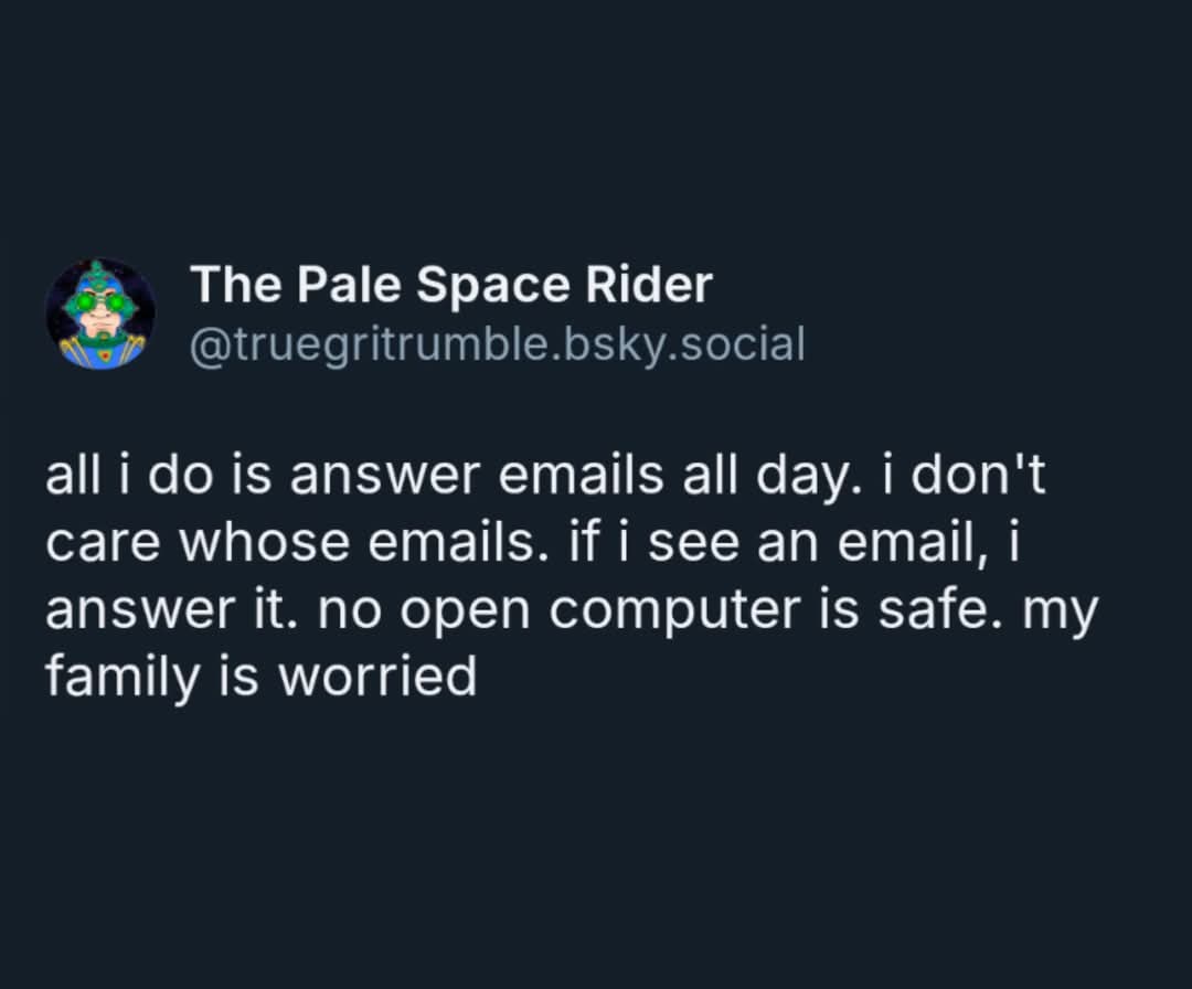 A screenshot of a social media post from 'The Pale Space Rider' with a cartoon avatar, showing a humorous self-description…