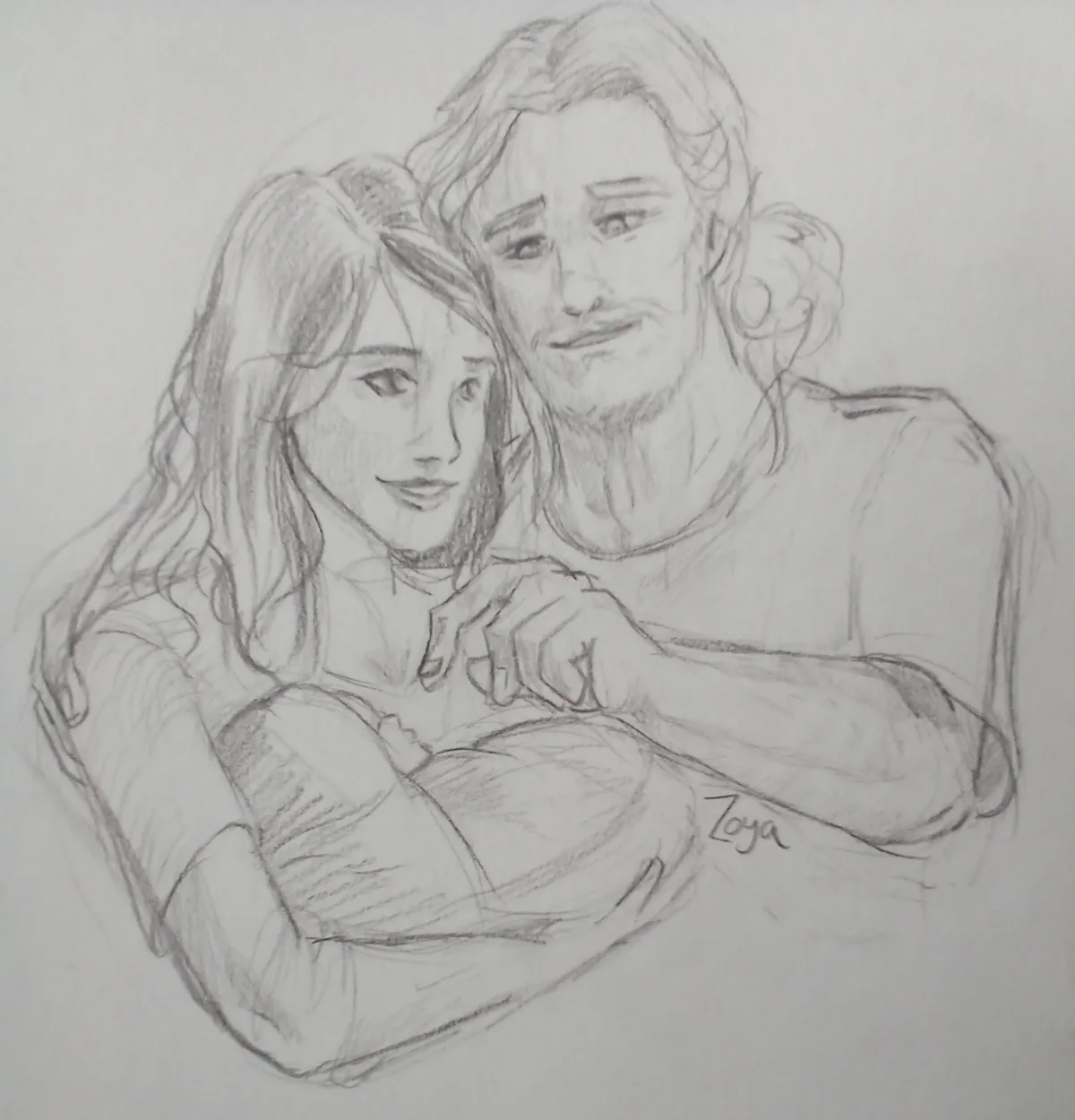A pencil sketch depicts a man with long hair and a beard embracing a woman from behind, both looking forward with gentle…