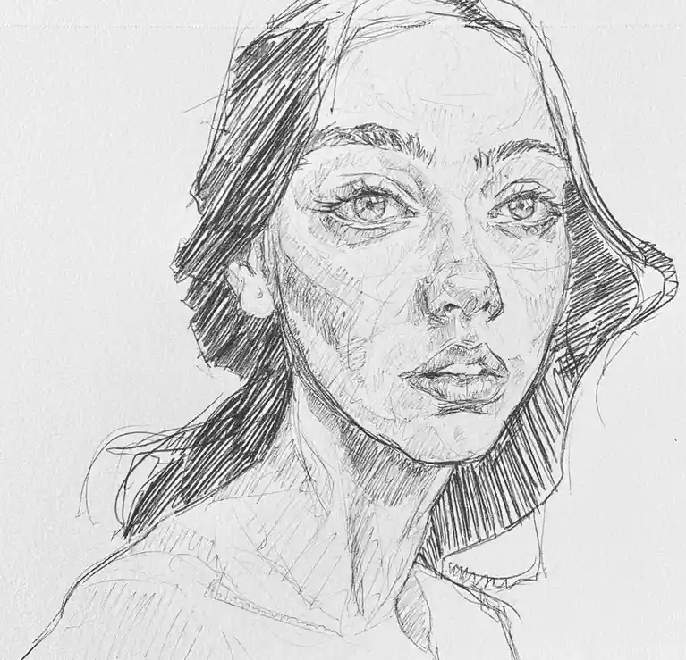 A detailed pencil sketch of a woman's face, rendered with expressive shading and visible sketch lines, looking directly at…