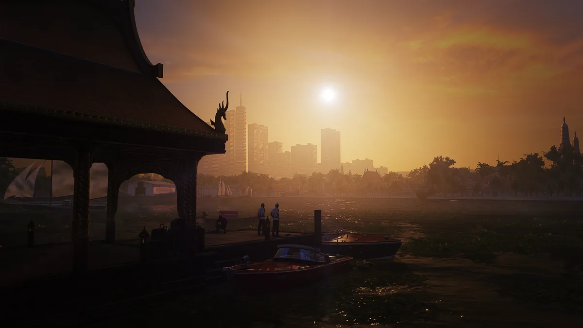 A serene sunset scene over a river with traditional Thai architecture on the left and a modern city skyline in the distance…