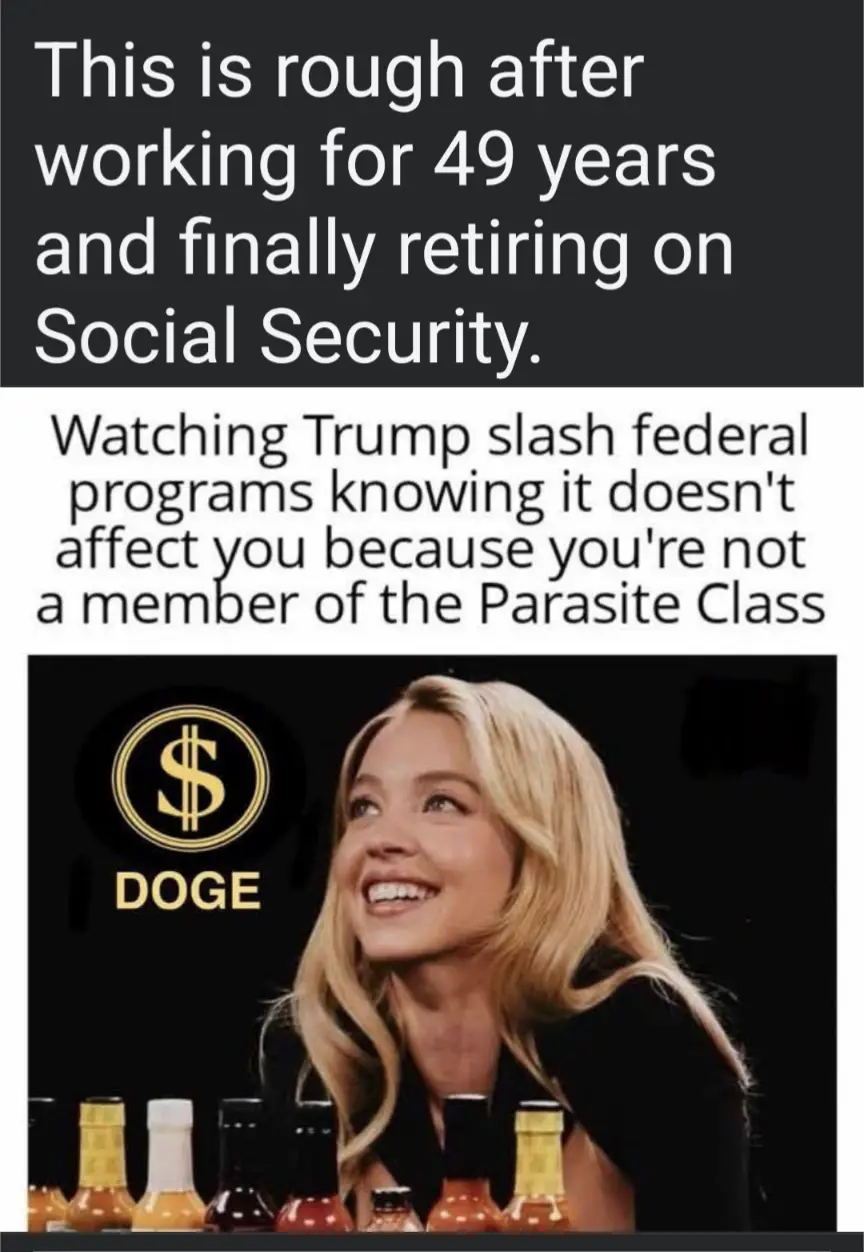 A woman with blonde hair smiles while looking upward, with a golden dollar sign logo and the word 'DOGE' below her. Several…