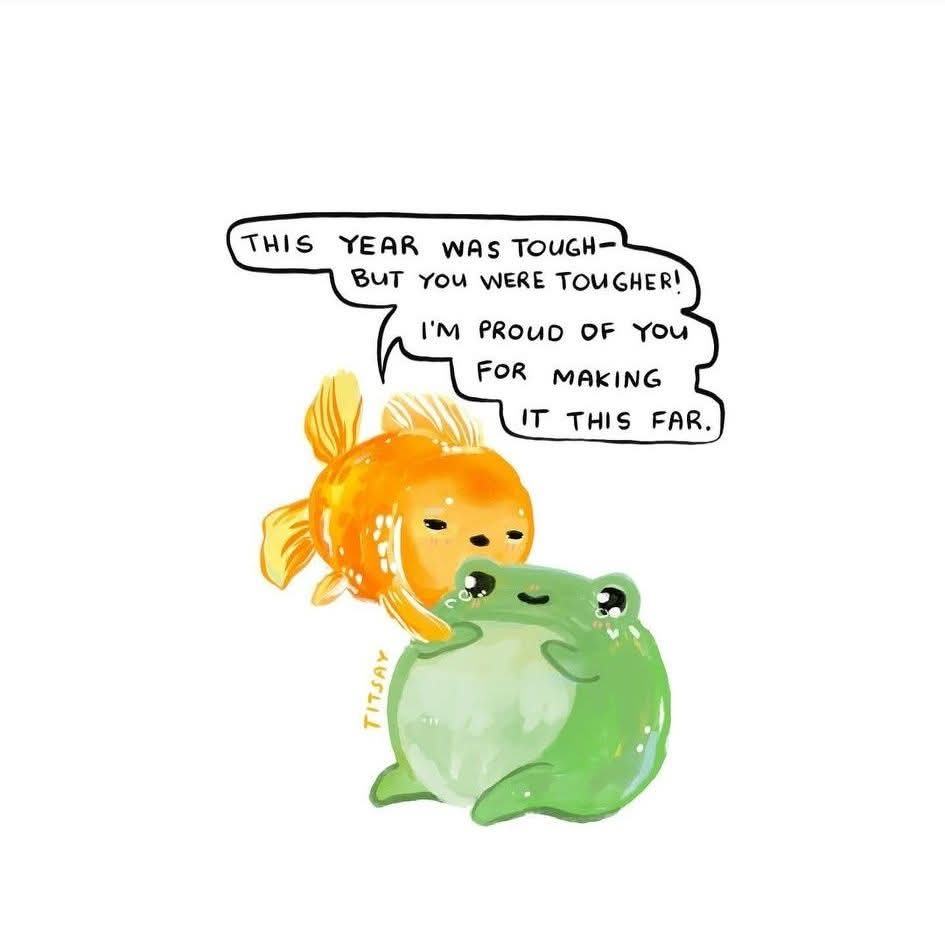 A cute cartoon illustration shows a small orange goldfish hugging a larger green frog from behind. The goldfish has a speech…