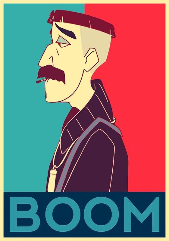 A stylized, graphic illustration of a man in profile with a mustache and cigarette, wearing a dark jacket and a dog tag, set…
