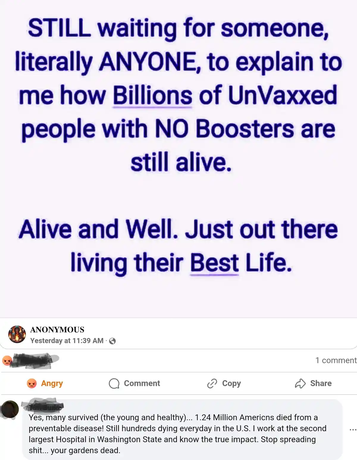 The image displays a screenshot of a social media comment thread. The main text, in large blue font, expresses disbelief at…