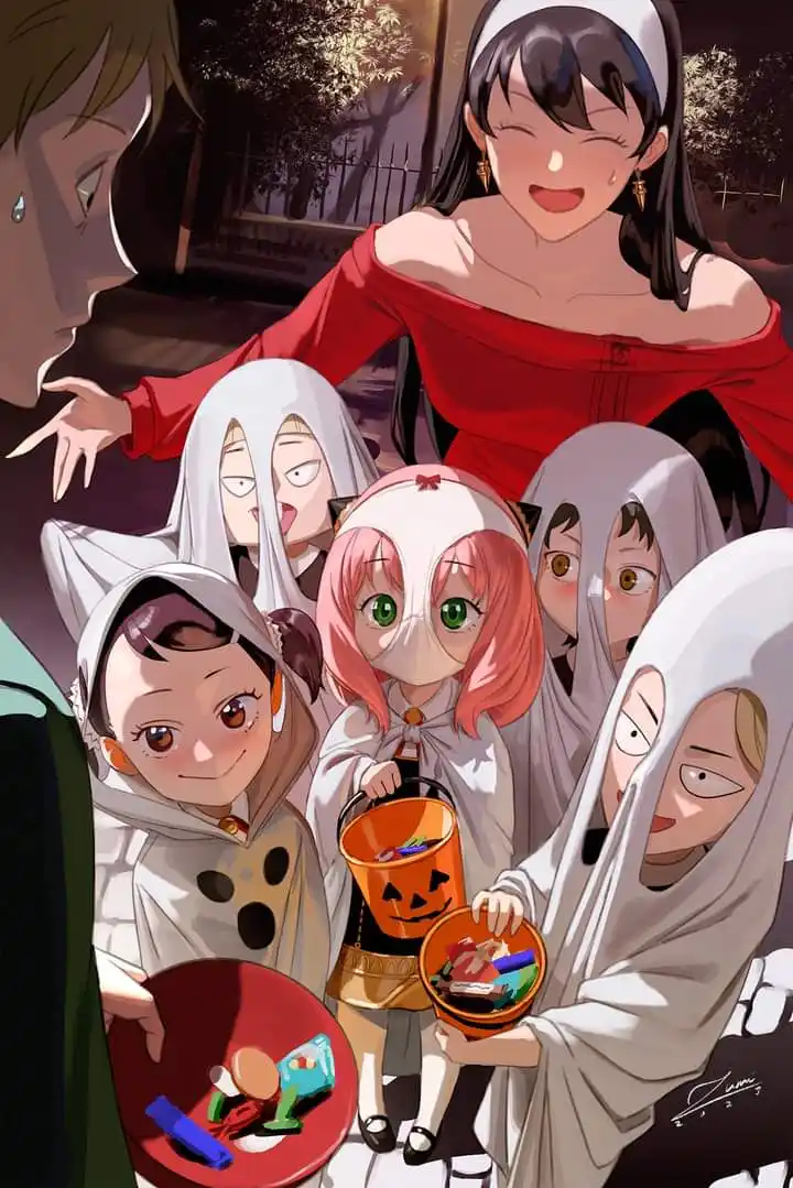 A group of anime children in ghost costumes stand around a woman in a red dress, who is smiling and gesturing toward them…
