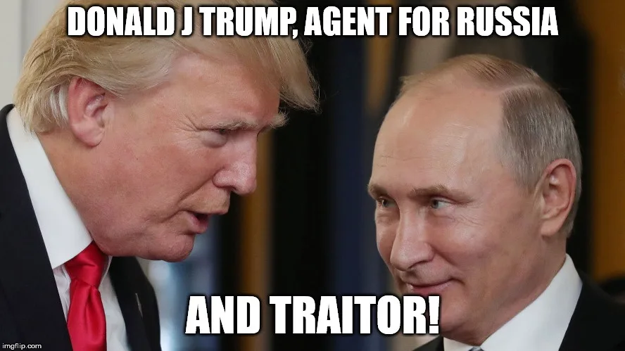 The image shows Donald Trump on the left, leaning in toward Vladimir Putin on the right, who is smiling slightly. White bold…