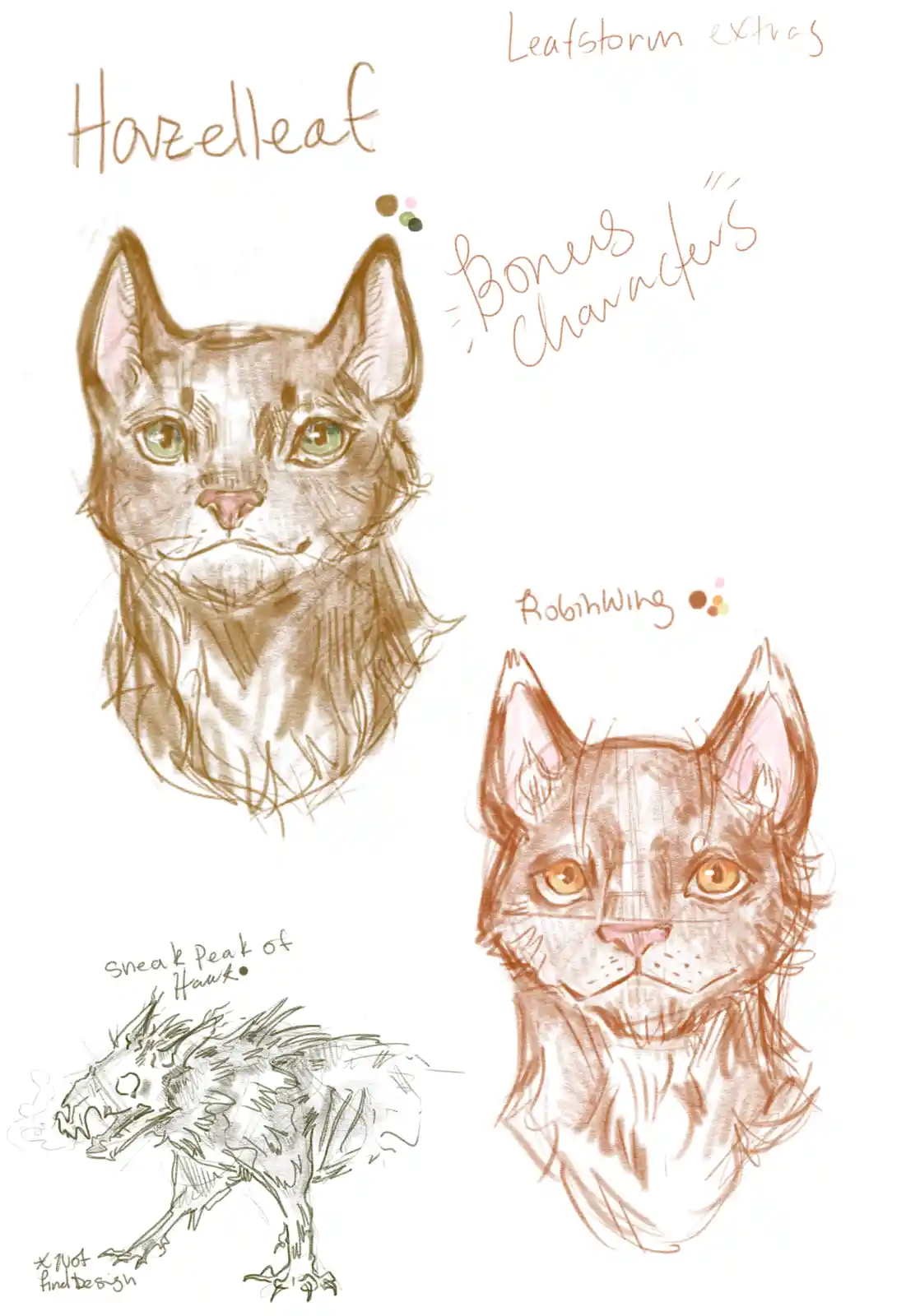 A sketch of three feline characters labeled 'Hazelleaf' and 'Robinwing' under 'Bonus Characters' for 'Leafstorm extras'…