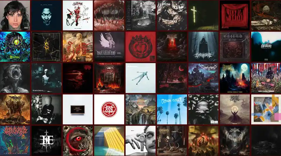 A grid of 36 album covers from various extreme metal bands, featuring dark, grotesque, and surreal imagery including skulls…