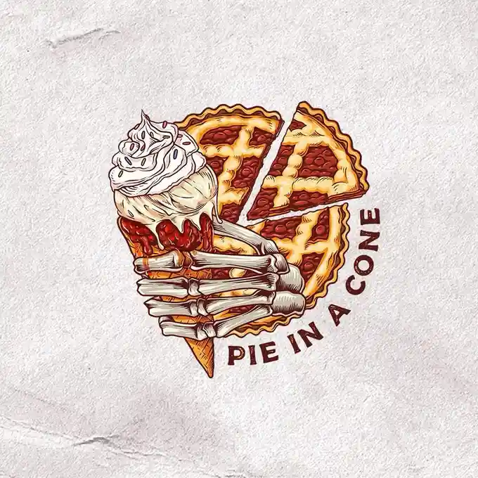 A stylized illustration shows a skeletal hand gripping an ice cream cone that has been creatively transformed into a pie…