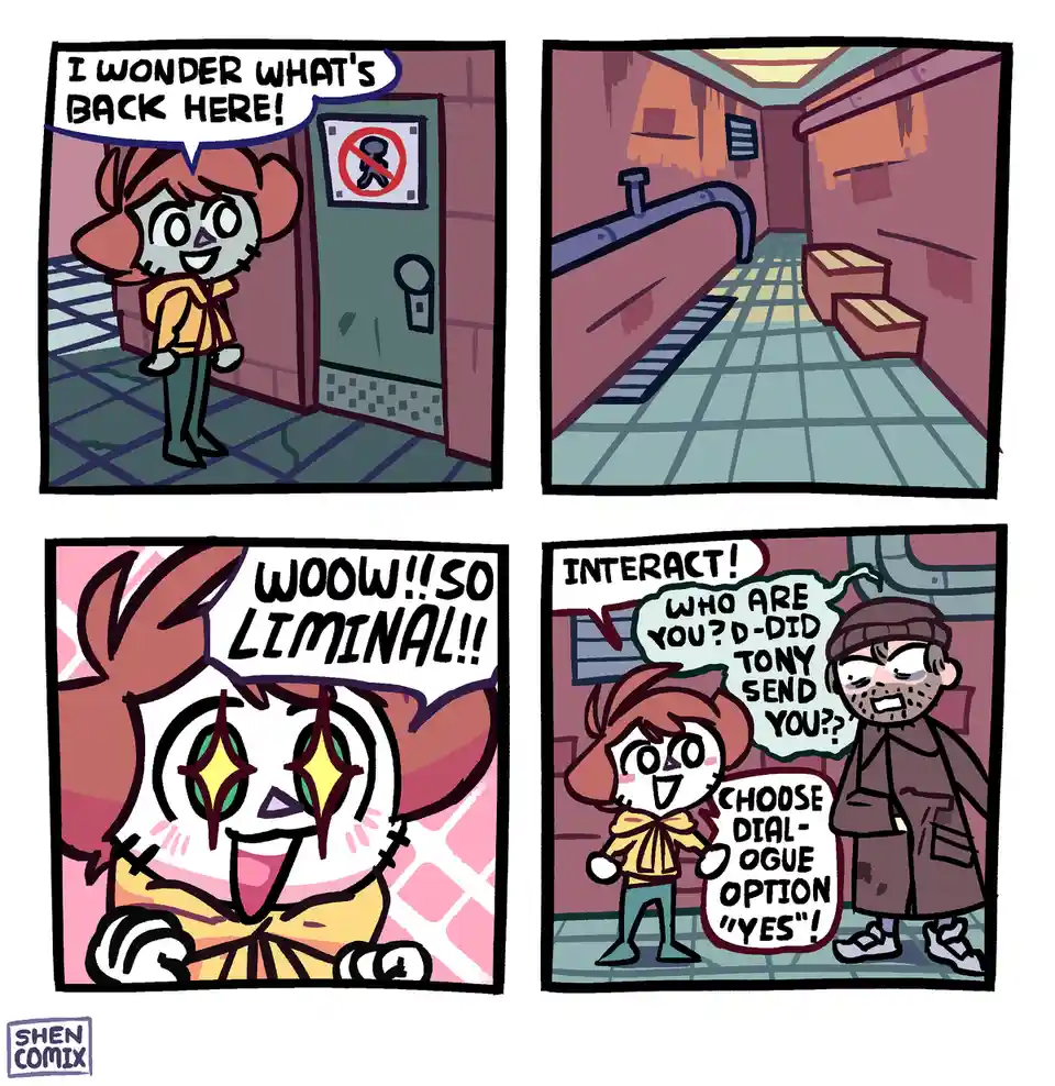 A four-panel comic shows a character entering a restricted area, exclaiming curiosity. The next panel shows an empty…