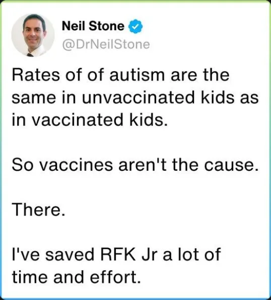 A screenshot of a tweet by Neil Stone (@DrNeilStone) with a blue verification checkmark. The tweet text states that autism…