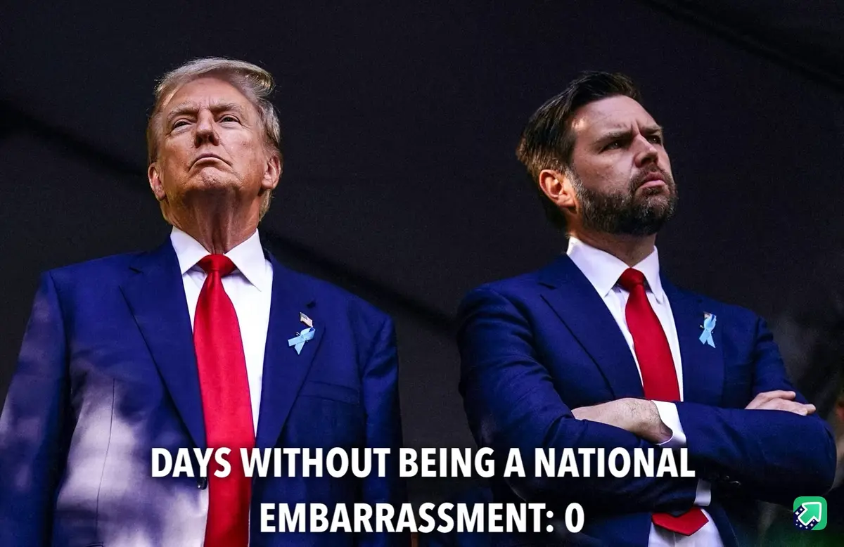 Two men in matching blue suits and red ties stand side by side, both looking upward with serious expressions. The man on the…