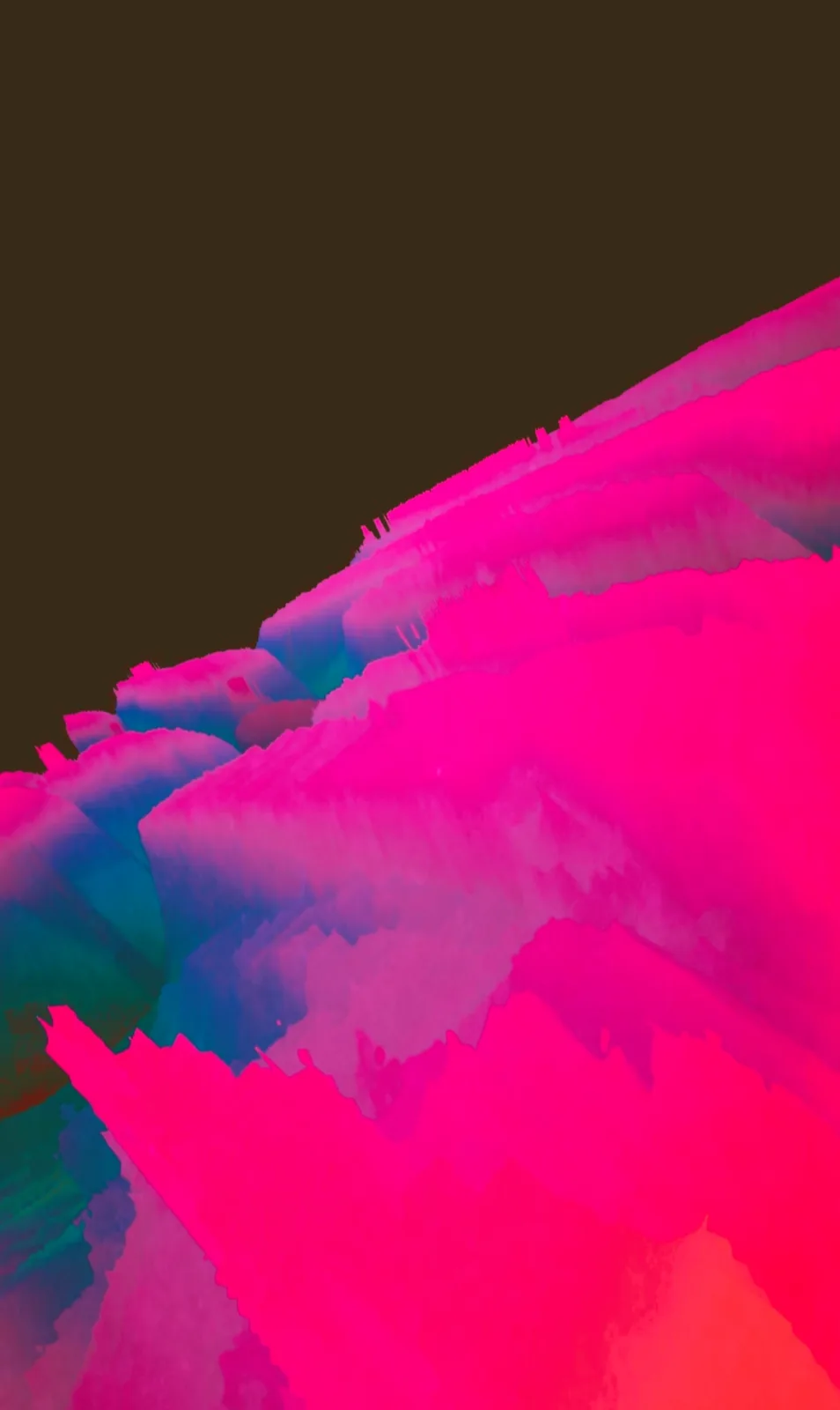 The image displays a vibrant abstract digital artwork featuring jagged, layered waves of neon pink and electric blue against…
