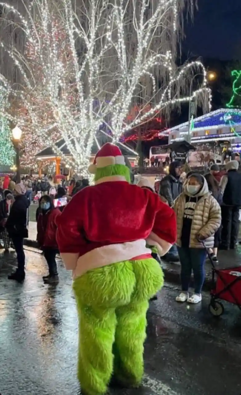 A person in a full-body green Grinch costume, wearing a red Santa hat and red velvet Santa suit, stands with their back to…