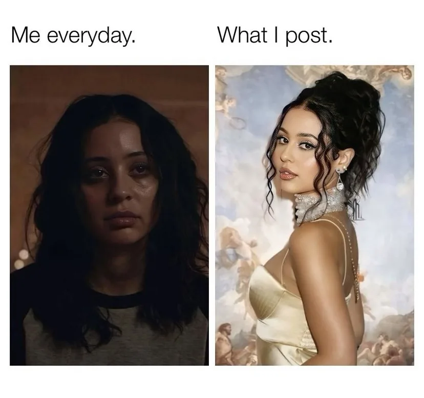 The meme displays two side-by-side images of the same woman: on the left, she appears tired and unmade-up in a dimly lit…