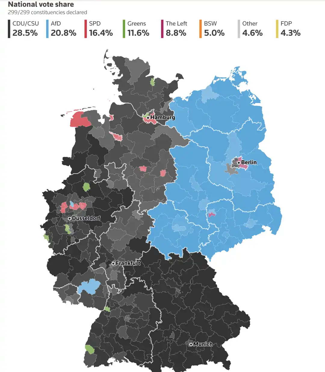 A political map of Germany showing election results with a color-coded legend indicating vote share percentages for parties…
