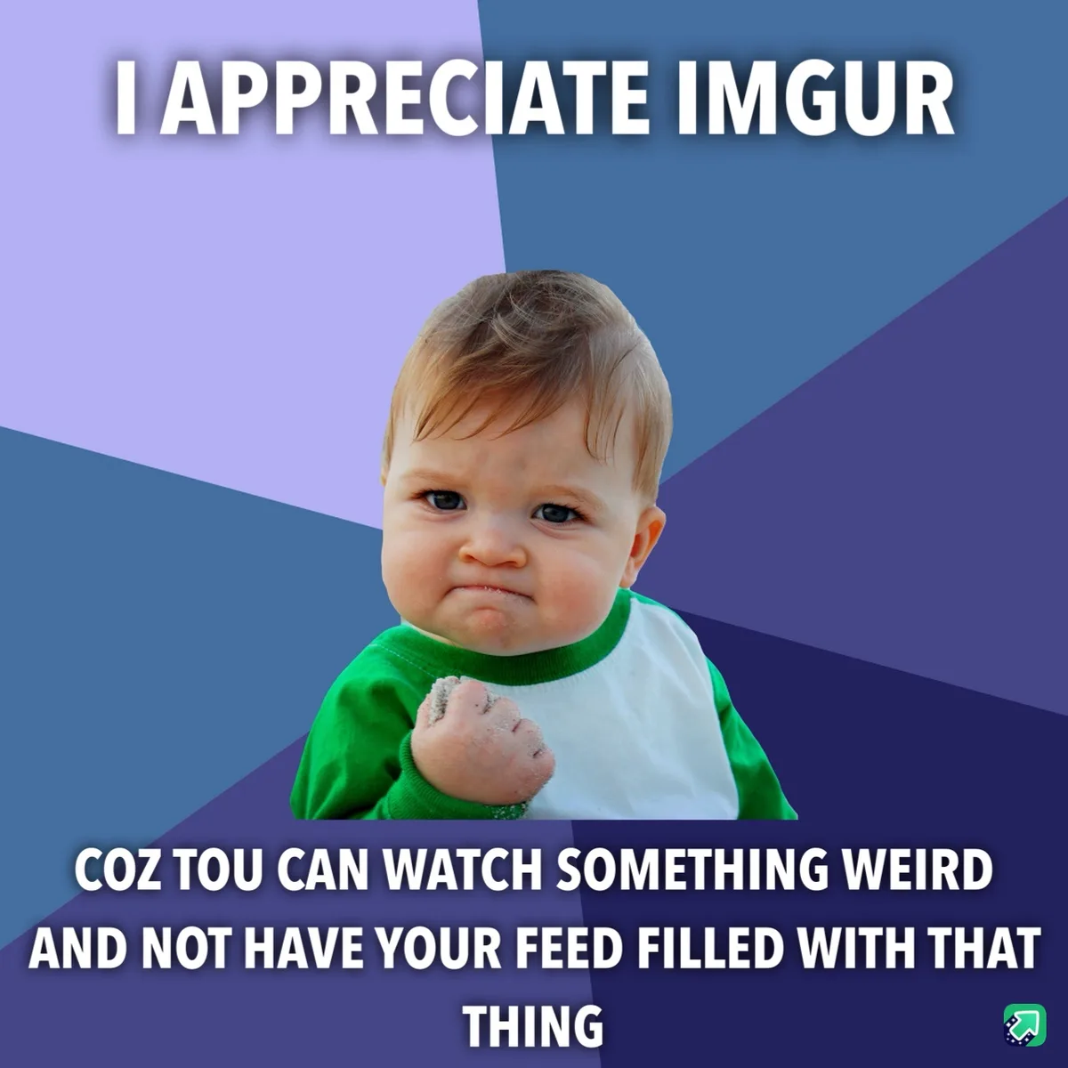 A baby with a scrunched face and clenched fist is shown against a geometric blue and purple background. The text reads 'I…