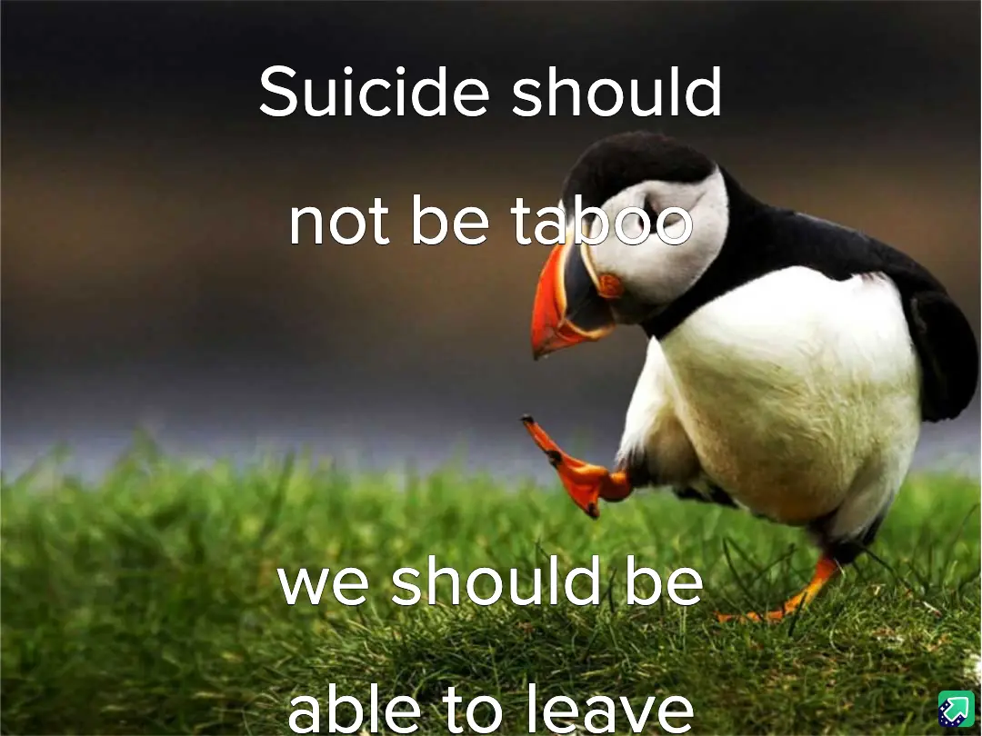 A puffin stands on green grass, looking down with one foot lifted, overlaid with white text reading 'Suicide should not be…