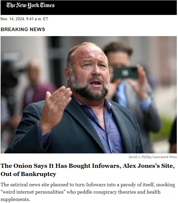 A screenshot of a New York Times article dated Nov. 14, 2024, shows a photo of Alex Jones looking surprised or shocked, with…