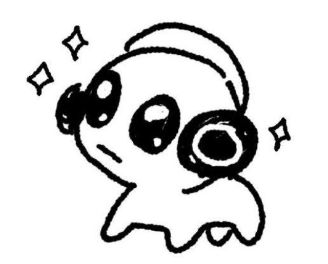 A simple black-and-white line drawing of a cute, ghost-like cartoon character with large, teary eyes and sparkles around its…