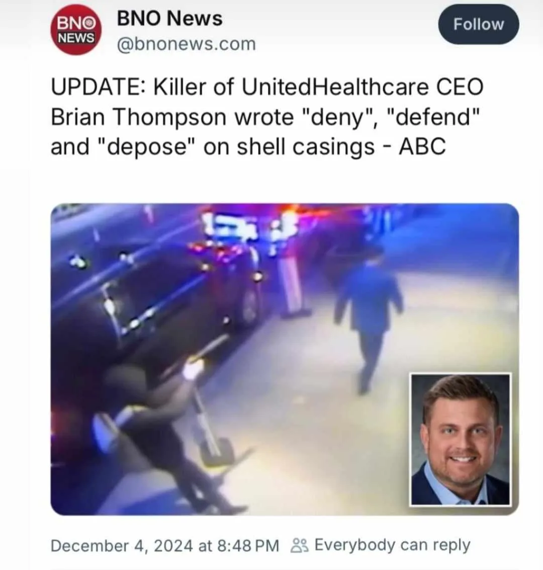 A screenshot of a BNO News tweet from December 4, 2024, shows a blurry security camera image of a person running away from a…