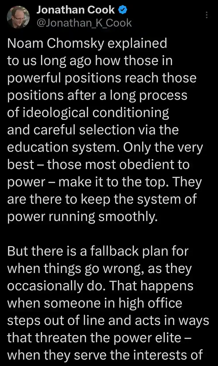 A screenshot of a tweet by Jonathan Cook, featuring white text on a black background. The text is a quote attributed to Noam…