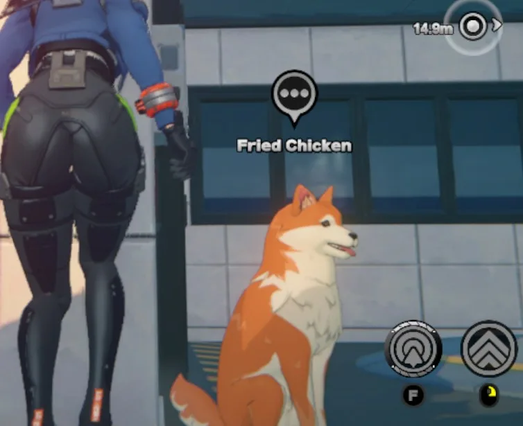 A screenshot from a video game shows a character in a blue and black outfit standing next to a sitting orange and white dog…