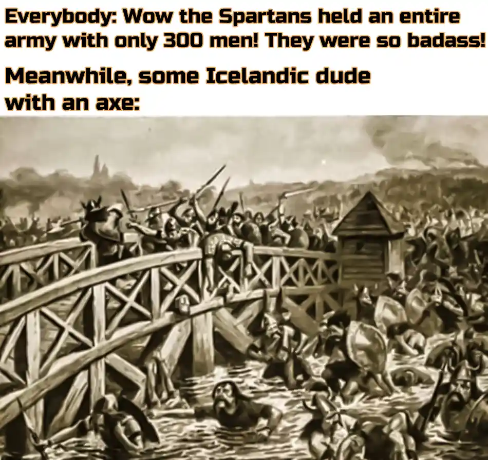 A sepia-toned historical battle painting depicts warriors fighting on a wooden bridge over water, with a large army…