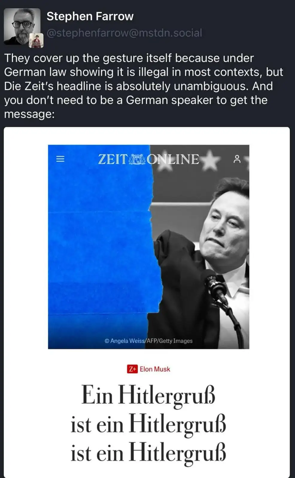 A black-and-white photo of Elon Musk making a Nazi salute gesture is overlaid with a screenshot of a German news article…