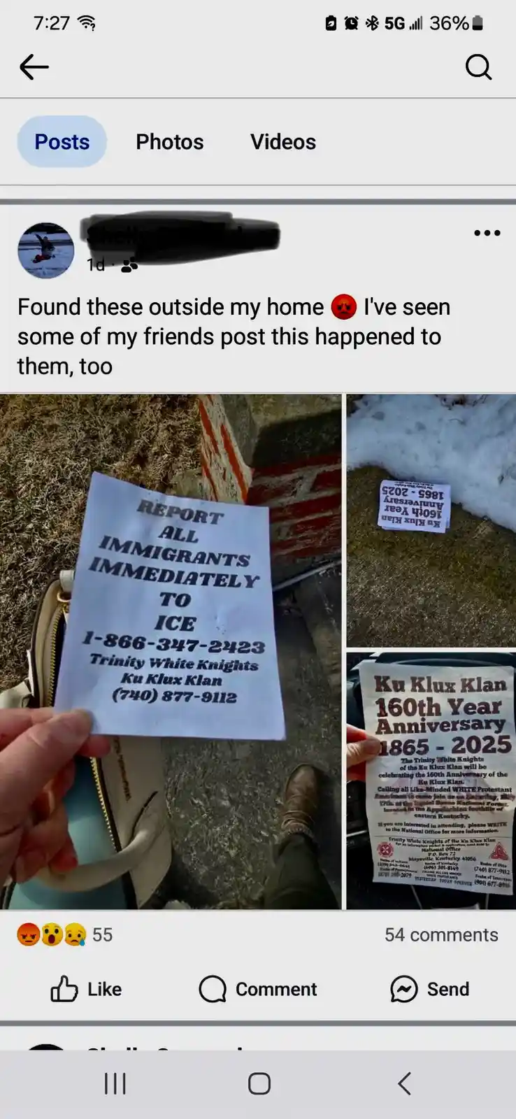 A social media post shows three images of racist flyers found outside a home. One flyer demands reporting all immigrants to…