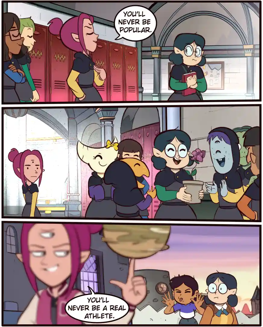 A three-panel comic strip from 'The Owl House' shows a girl with purple hair confidently telling another girl she'll never…