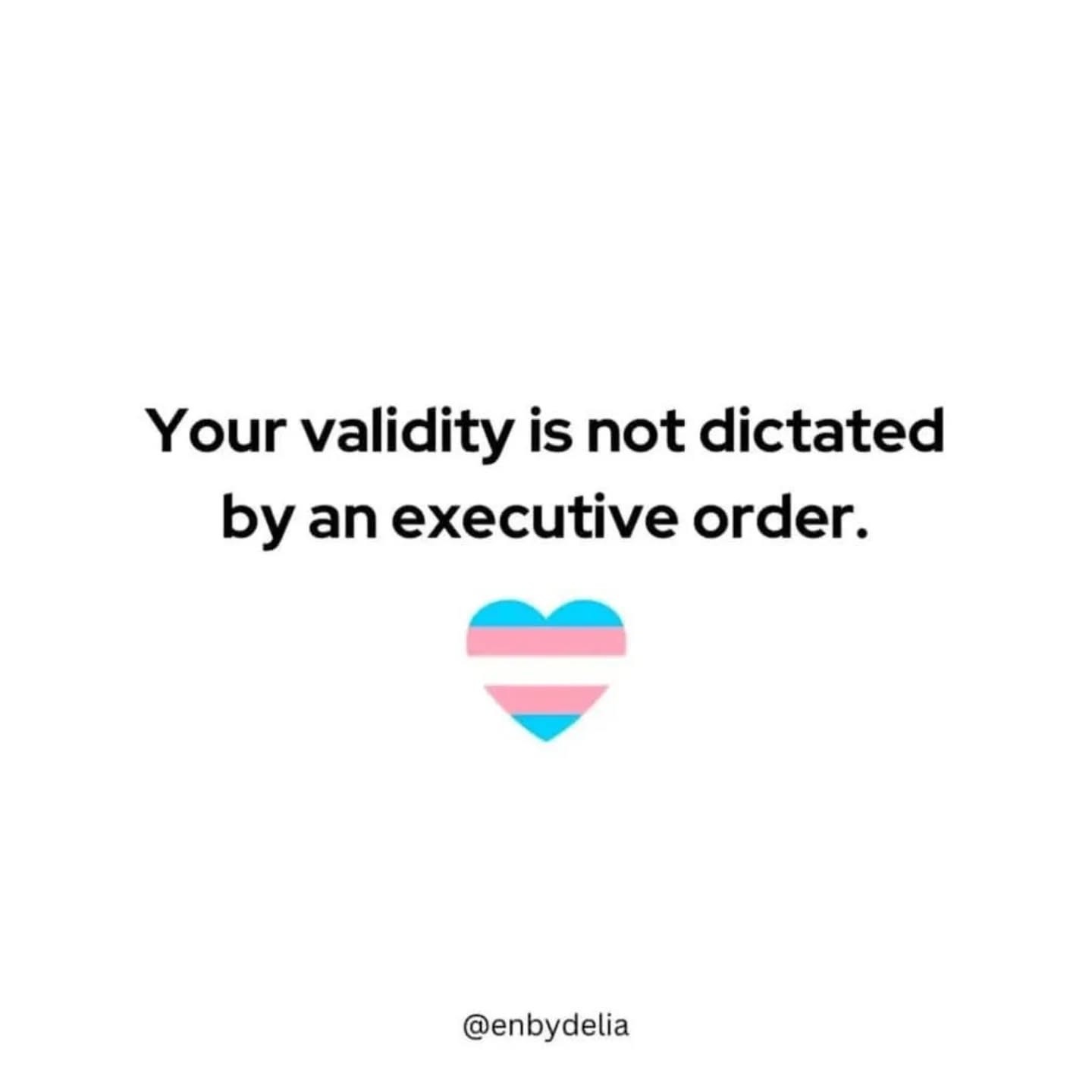 A plain white background displays the text 'Your validity is not dictated by an executive order.' centered above a heart…
