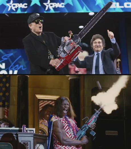 The image is a two-panel meme. Top panel: A man in a black suit and cap holds a large chainsaw with a tiny figure on it…