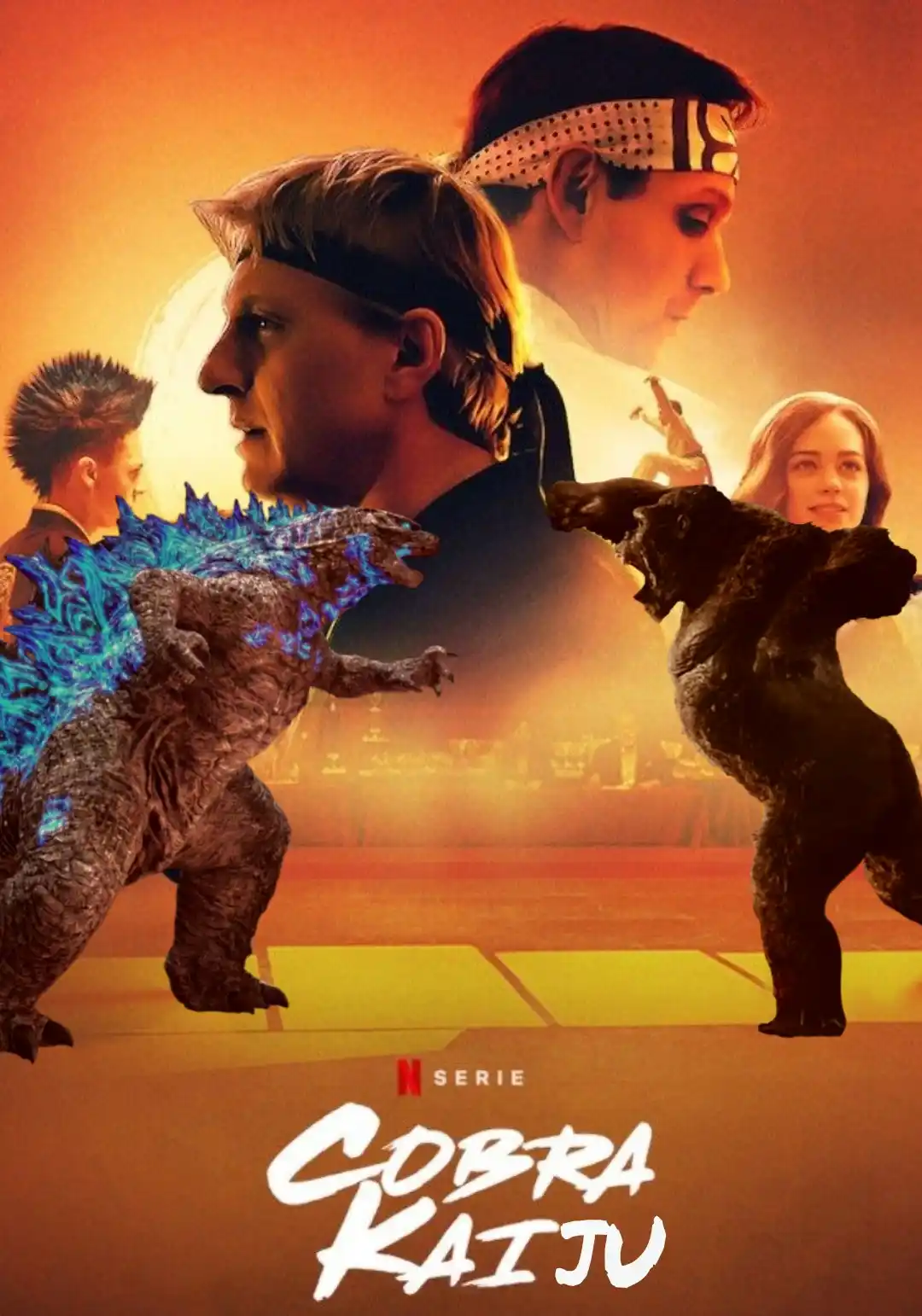 A movie poster parody featuring characters from 'Cobra Kai' with Godzilla and King Kong superimposed in a fighting stance…