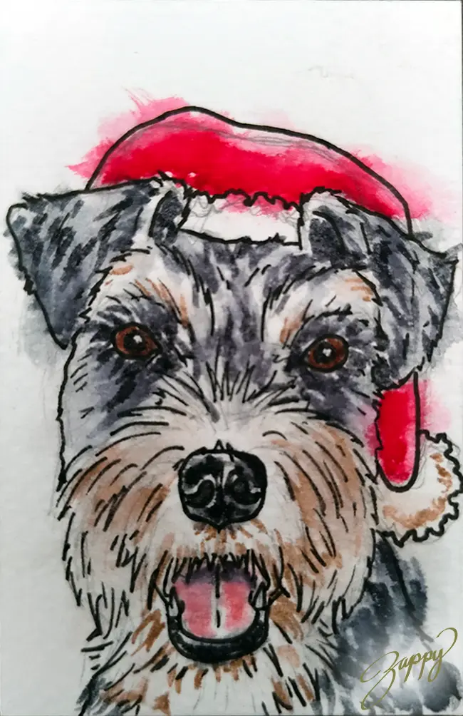 a watercolor illustration of a scruffy terrier-like dog with a happy, open-mouthed expression, wearing a red Santa hat with…