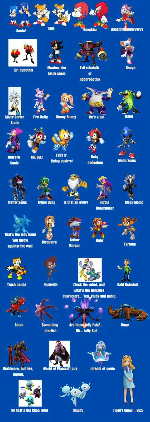 A grid of Sonic the Hedgehog characters, including Sonic, Tails, Knuckles, and Rouge, each paired with a humorous, often…