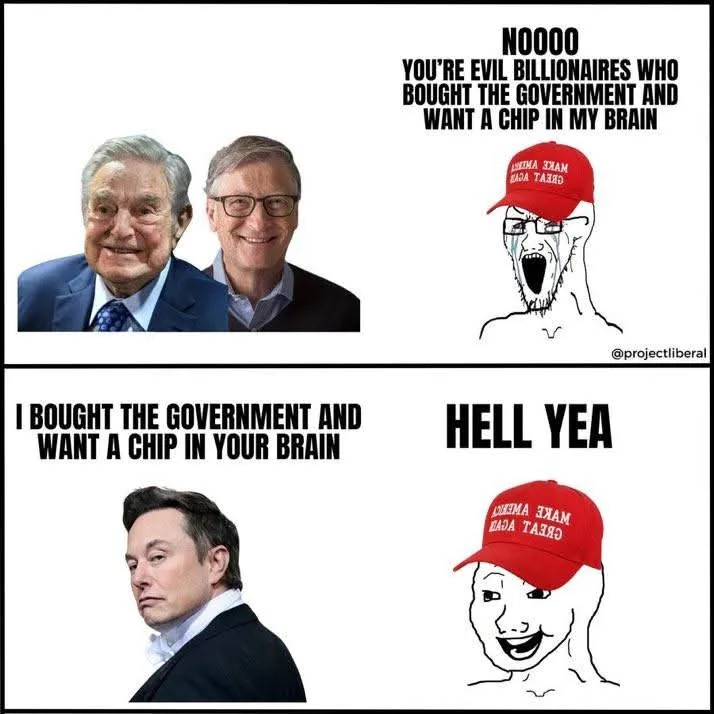 The meme is split into two panels. Top panel shows photos of George Soros and Bill Gates with text accusing them of buying…