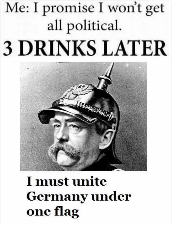 A black-and-white portrait of a man with a mustache wearing a spiked helmet. Text above reads 'Me: I promise I won't get all…