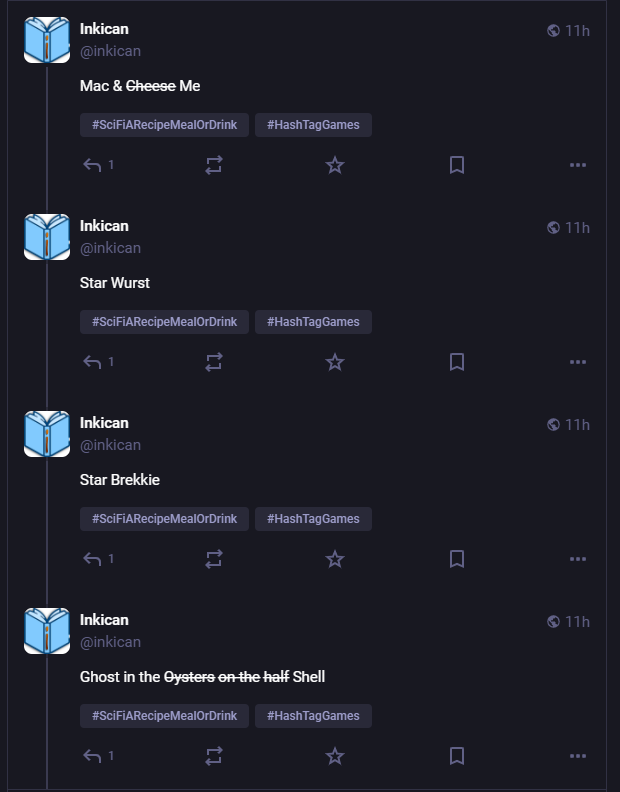 A screenshot of four consecutive tweets from the same user, @inkican, each replying to a hashtag game with increasingly…