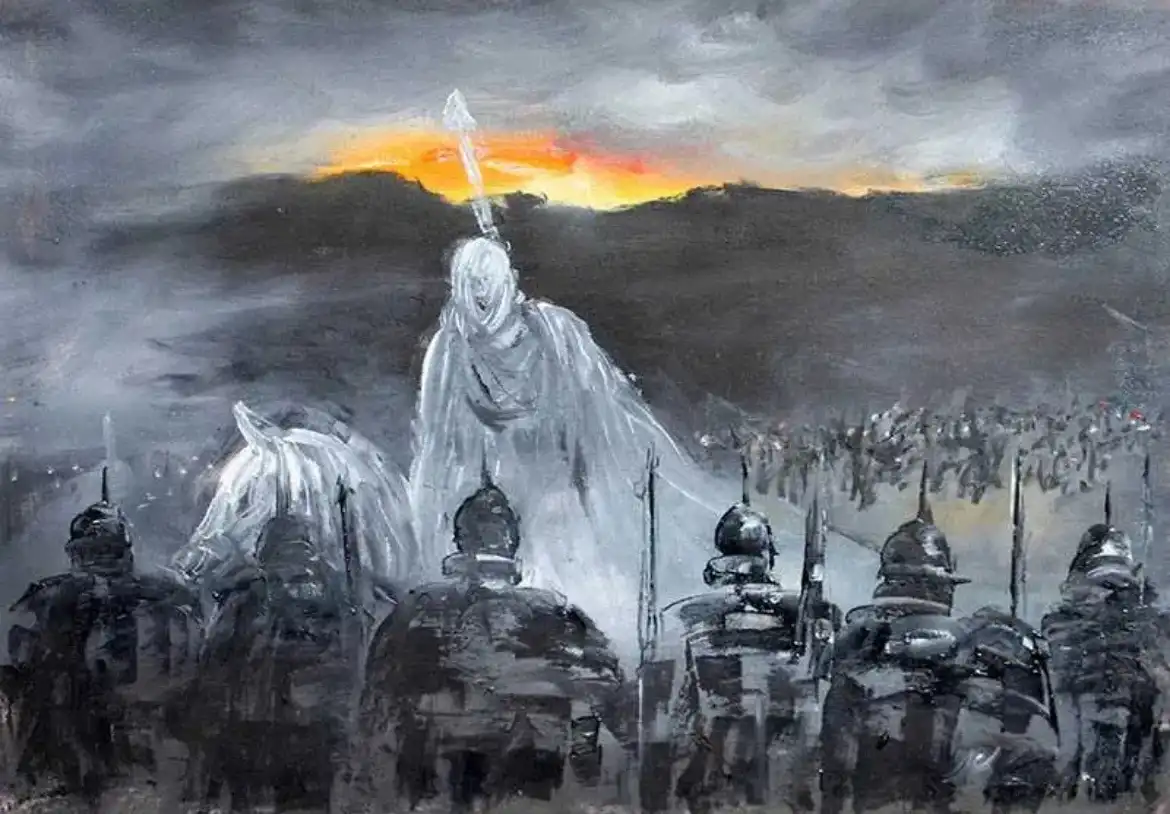 A dark, painterly image depicts a ghostly white figure on a white horse, holding a sword aloft against a gloomy sky with…