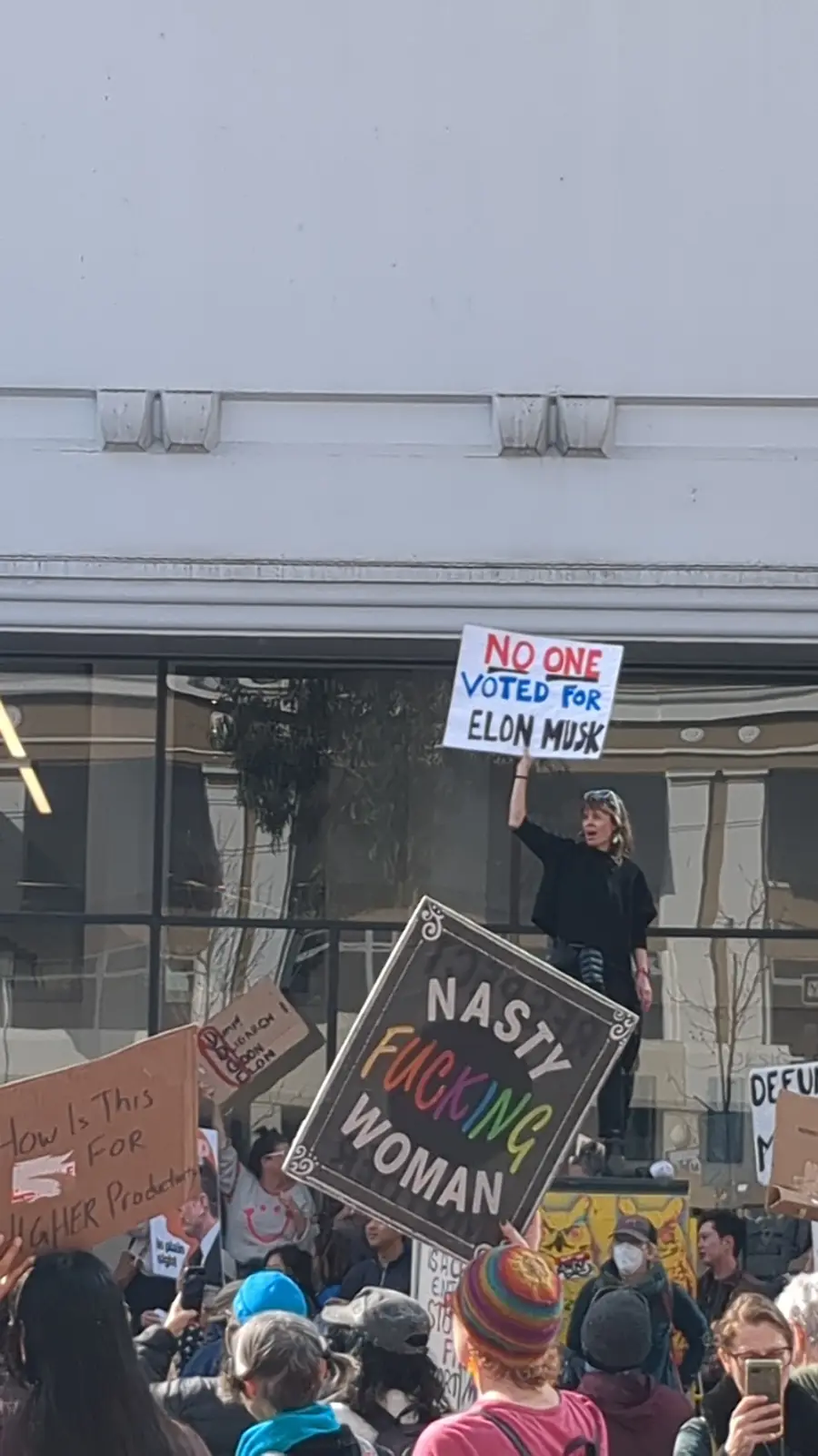 A protest scene with a crowd holding signs, one person on a platform holds a sign reading 'NO ONE VOTED FOR ELON MUSK'…