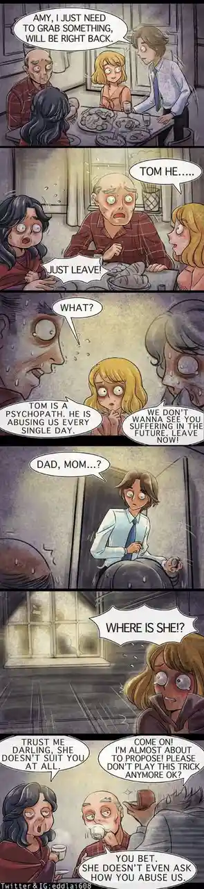 A comic strip depicts a man leaving a dinner party, only to be told by his parents he is a psychopath. He returns later to…
