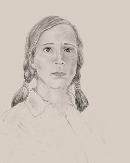 A pencil sketch of a young woman with braided hair, wearing a collared shirt, looking directly at the viewer with a neutral…