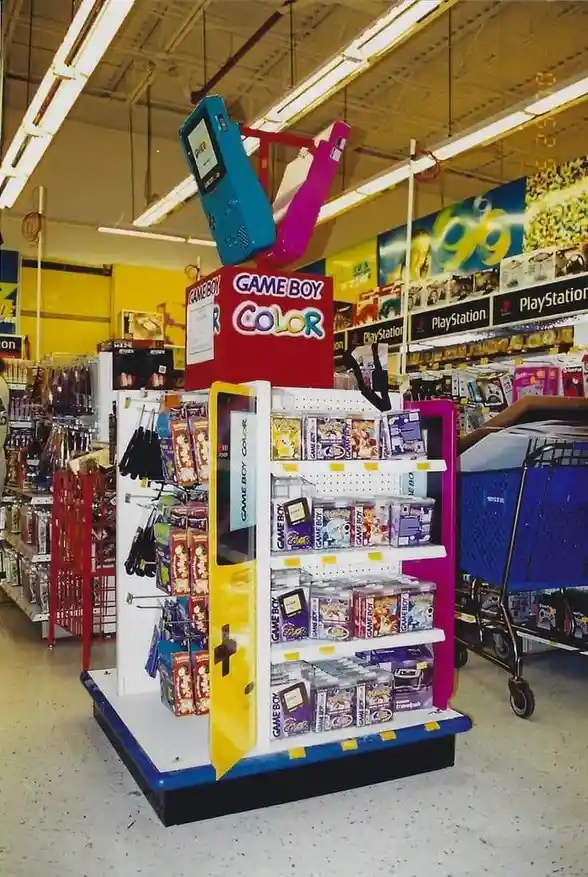 A retail display for the Game Boy Color in a video game store, featuring shelves stocked with games and accessories, with a…