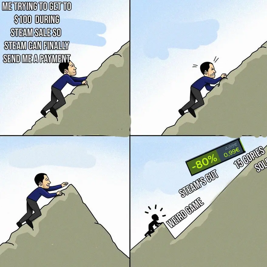 A four-panel comic shows a man climbing a steep mountain. In the first panel, he's determined, with text saying he's trying…